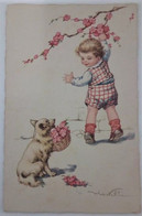 ILLUSTRATORE CASTELLI - BAMBINO CHE RACCOGLIE FIORI E CANE CON CESTELLO - BOY WITH DOG / PERRO / CHIEN - Castelli