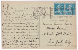 SEMEUSE - 1925 - YVERT N°192 En PAIRE Sur CARTE De PARIS => NEW YORK (USA) ! TARIF 60c ! - 1906-38 Semeuse Camée