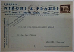 REGGIO EMILIA - CARTOLINA COMMERCIALE "LIBRERIA NIRONI & PRANDI" - VIA CRISPI - TARIFFA 5 CENT. CEDOLA LIBRARIA -1942 - Reggio Emilia