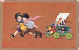 A. Busi, Illustratore -  Bella Cartolina Bambini Con Carrello Viaggiata Anni '30 - Busi, Adolfo
