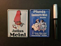2 Mini-Blechreklameschilder Julius Meinl Und Pfund's Condensierte Milch  (neu) - Blechschilder (ab 1960)