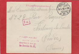 Lettre En FM De Berlin Lazarett Vers Fontenay Le Comte (Vendée) 1916 - WW I