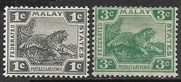 Malaya   1923-4   Sc#50, 54  1c, 3c Tigers MH  2016 Scott Value $3.60 - Big Cats (cats Of Prey)
