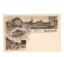 0-7800 RUHLAND, Lithographie, Bahnhof, Marktplatz & Dresdner Strasse, Schloss Guteborn, Dorfansicht - Ruhland