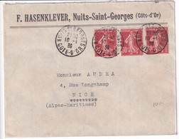 SEMEUSE - 1939 - YVERT N°360 X 3 Sur ENVELOPPE De NUITS (COTE D'OR) => NICE - 1906-38 Säerin, Untergrund Glatt