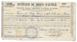 1891 CLERMONT L HERAULT - QUITTANCE DE DROITS D AUTEUR POUR FERDINAND VIEU PRSDT BAL DE LA FETE A AUMES - Historische Dokumente