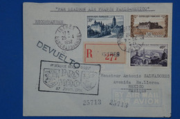 C FRANCE BELLE LETTRE  RARE RECOM. 1952 PREMIER VOL PARIS  MEXICO DEPUIS ISTRES+ AFFRANCHISSEMENT PLAISANT - 1927-1959 Brieven & Documenten