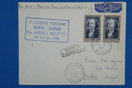 C FRANCE BELLE LETTRE RARE 1953 PREMIERE LIAISON AERIENNE  PARIS DAKAR+ PAIRE T.P+ AFFRANCHISSEMENT PLAISANT - 1927-1959 Lettres & Documents