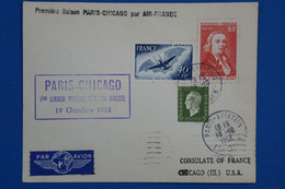 C FRANCE BELLE LETTRE RARE   1953 PREMIERE LIAISON POSTALE PARIS CHICAGO USA + AFFRANCHISSEMENT PLAISANT - 1927-1959 Briefe & Dokumente