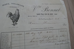 Facture Illustrée Agriculture Aviculture Bonnet Saint Paul Cap De Joux 1925 Oeufs Volailles Illustrée Coq - Alimentare