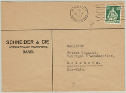 Schweiz 1938, Helvetia Mit Schwert, Auslandbrief Basel - Molsheim (Frankreich), Ettore Bugatti, Automobil / Automotive - Storia Postale