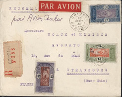 Recommandé Par Avion YT Dahomey 56 82 83 Bons Timbres CAD Cotonou 15 SEPT 1932 Arrivée Strasbourg Points De Cire - Cartas