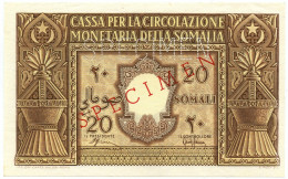 20 SOMALI SPECIMEN CASSA PER LA CIRCOLAZIONE MONETARIA SOMALIA AFIS 1950 QFDS - Somalië