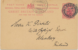 GB „LEEDS / 5“ Double Circle (25mm) On Superb QV 1d Carmine Postal Stationery Pc To FINLAND 1901, Uncommon Destination - Lettres & Documents