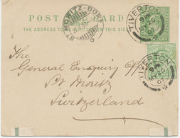 GB „TIVERTON“ Double Circle (26mm) On Superb EVII ½d Postal Stationery Postcard Uprated With ½ D To Switzerland - Cartas & Documentos