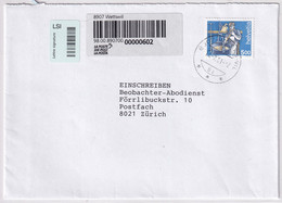 854x Auf R-Brief Gelaufen Am 14.2.2001 Von Wettswil Nach Zürich - Storia Postale