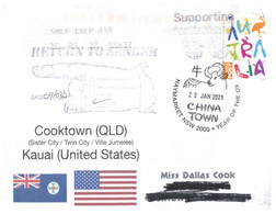 (OO 4) City Of Coocktown QLD Twin With USA Kauai (Hawaii) - Stay Safe / COVID-19 - 22-1-2021 RTS To Sydney - Lettres & Documents