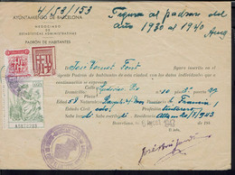 Espagne - 1943 - Affranchissement De Timbres Fiscaux Sur Document "Ayuntamiento De Barcelona - Padron De Habitantes" - Post-fiscaal