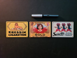 3 Mini-Blechreklameschilder Sarotti, Kressin Und Stollwerk (neu) - Plaques En Tôle (après 1960)