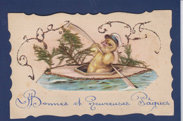 CPA Poussin Poussins En Relief Position Humaine écrite Paillette Relief Herbe Séchée Canotage - Oiseaux