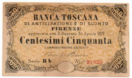 Regno D'Italia - Banca Toscana - 50 Centesimi 1870 - Altri & Non Classificati