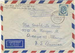 ALLEMAGNE / DEUTSCHLAND - 1954 Posthorn 50pf Mi.134 Einzelfrankatur Auf Luftbrief Aus Günzenhausen Nach Chicago - Cartas & Documentos