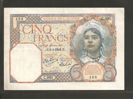 Algérie, 5 Francs, 1913-1942 Issue - Algérie