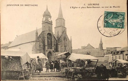 5 Locminé L'église Et Place St Sauveur Un Jour De Marché  Souvenir De Bretagne - Locmine