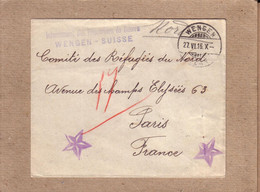 LETTRE HÔTEL BRISTOL WENGEN POUR COMITE REFUGIES A PARIS GRIFFE " INTERNEMENT PRISONNIERS DE GUERRE WENGEN SUISSE " 1915 - Covers & Documents