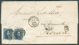 N°15(2) - Médaillons 20 Centimes Bleus (x2), Obl; à 10 Barres P.24  Sur Lettre De BRUXELLES du 11-6 1863 Vers Rouen. - 1 - 1863-1864 Medallions (13/16)