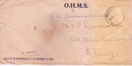 MALAYA, OFFICE OF THE REPRESENTATIVE OF THE GOVERNMENT OF INDIA : STAMP LESS USED COVER : SENT TO KLANG - Malaya (British Military Administration)