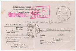 OFLAG XVIIA - EDELBACH - AUTRICHE /1941 CARTE EN FRANCHISE D(UN OFFICIER => St ANDRE DE ROQUELONGUE - AUDE (ref 4369c) - WW II
