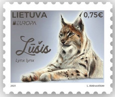 Lithuania.2021.Europa CEPT.Endangered National Wildlife.Eurasian Lynx (Lynx Lynx).1 V. ** . - Big Cats (cats Of Prey)