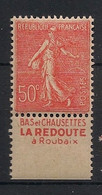 France - 1924-32 - N°Yv. 199a - Semeuse 50c Rouge Avec Bande Publicitaire - Neuf Luxe ** / MNH / Postfrisch - Ongebruikt