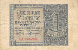 1 Zlotych 1941 Generalgouvernement Polen VG/G IV - Pologne