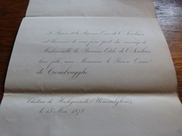 Invitation Baronne Odile De T'Serclaes / Baron Oscar De Crombrugghe Château Hulegenrode Wommelgem 1878 - Huwelijksaankondigingen