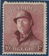 Belgique Albert 1er Roi Casqué N°178** 10FR Brun Carminé  TTB Signé Calves - Neufs