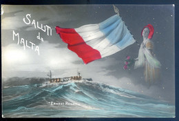 Cpa De Malte -- Saluti De Malta  --  Navire De Guerre Ernest Renan  ---  Patriotique    AVR21-10 - Malte