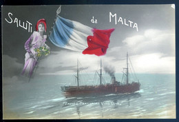 Cpa De Malte -- Saluti De Malta  --  Navire De Commerce French Transport Ving Long  ---  Patriotique    AVR21-10 - Malte