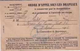 CP ORDRE D'APPEL SOUS LES DRAPEAUX-RECRUTEMENT A BEZIERS-CL 189-1-1906 - Regiments