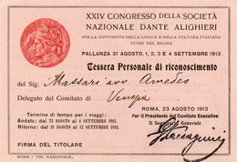 Tessera - XXIV CONGRESSO SOCIETA' NAZIONALE DANTE ALIGHIERI 1913 - Unclassified