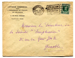 RC 21016 BELGIQUE 1924 LETTRE DE BRUXELLES FLAMME SPA A ENTÊTE AMBASSADE DE FRANCE DESTINATION DE GRENOBLE FRANCE COVER - Werbestempel