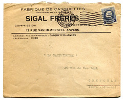 RC 21018 BELGIQUE 1925 LETTRE DE ANVERS FLAMME ENVELOPPE A ENTÊTE FABRIQUE DE CASQUETTES POUR GRENOBLE FRANCE COVER - Targhette