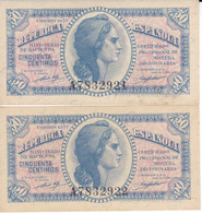 PAREJA CORRELATIVA DE LA REPUBLICA ESPAÑOLA DE 50 CTS DEL AÑO 1937 SERIE A SIN CIRCULAR-UNCIRCULATED - Autres & Non Classés