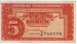 Billet De Banque Tchécoslovaquie 5 Koruna 1945 Comme Neuf #59 - Tsjechoslowakije