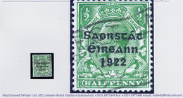Ireland 1923 Harrison Saorstat Coils ½d Green Variety "Long 1 In 1922" Fresh Used, Savings Bank Slogan Cancel - Used Stamps