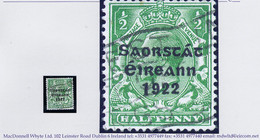 Ireland 1923 Harrison Saorstat Coils ½d Green Variety "Long 1 In 1922" Fresh Used, Savings Bank Slogan Cancel - Oblitérés