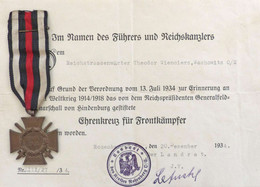 WK I Orden Ehrenkreuz Für Frontkämpfer Mit Verleihungsurkunde I-II - Sonstige & Ohne Zuordnung