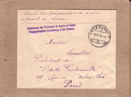 LETTRE D' INTERLAKEN POUR PARIS GRIFFE " INTERNEMENT DES PRISONNIERS DE GUERRE EN SUISSE " - 1916 - Covers & Documents