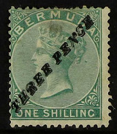 1874 3d On 1s Green, "P" And "R" Same Type, SG 13b, A Mint Example With Large Part Original Gum, Small Stain And A Thin, - Bermuda